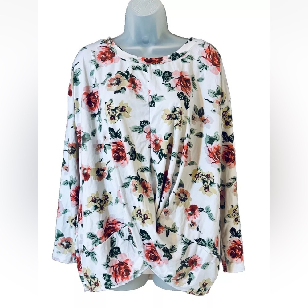 Viamour Women's L Tunic Top Floral Gathered Front LS Cottagecore Soft Made USA